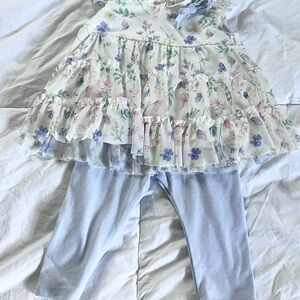 Rare Editions Floral Top and Leggings Set - Blue and White